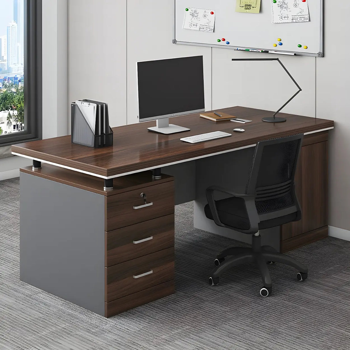 Brown Wooden Executive Desk with Drawers and Cabinet Image - 1