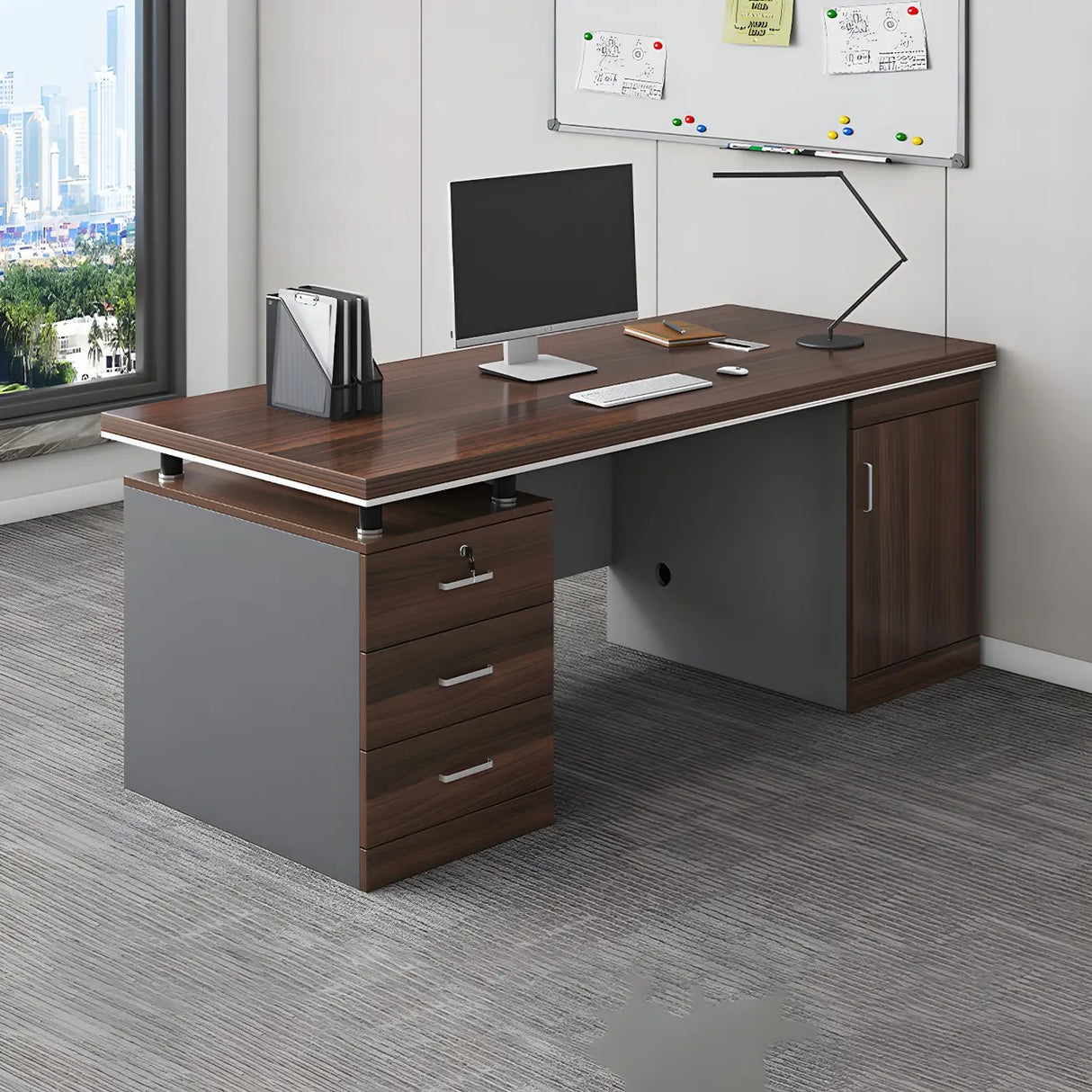 Brown Wooden Executive Desk with Drawers and Cabinet Image - 2