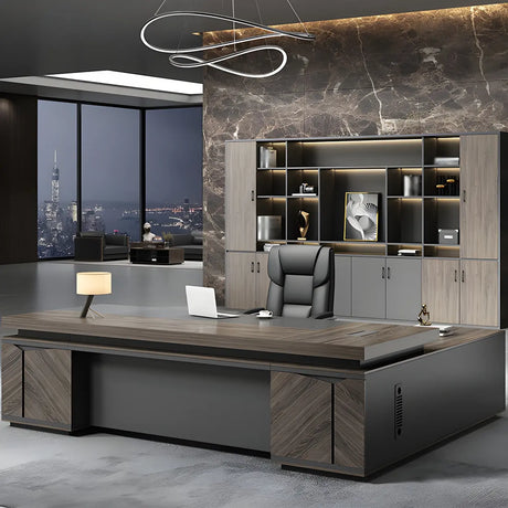 Brown Wooden L-Shape Executive Desk with Exterior Shelf Image - 1