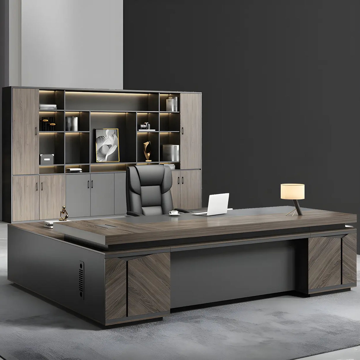 Brown Wooden L-Shape Executive Desk with Exterior Shelf Image - 2