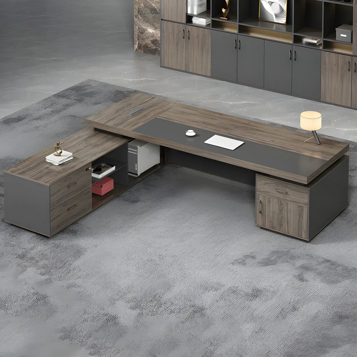Brown Wooden L-Shape Executive Desk with Exterior Shelf Image - 3