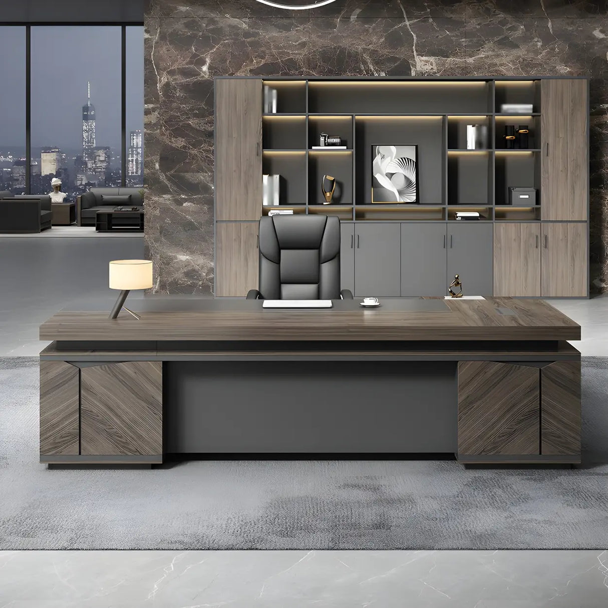 Brown Wooden L-Shape Executive Desk with Exterior Shelf Image - 4