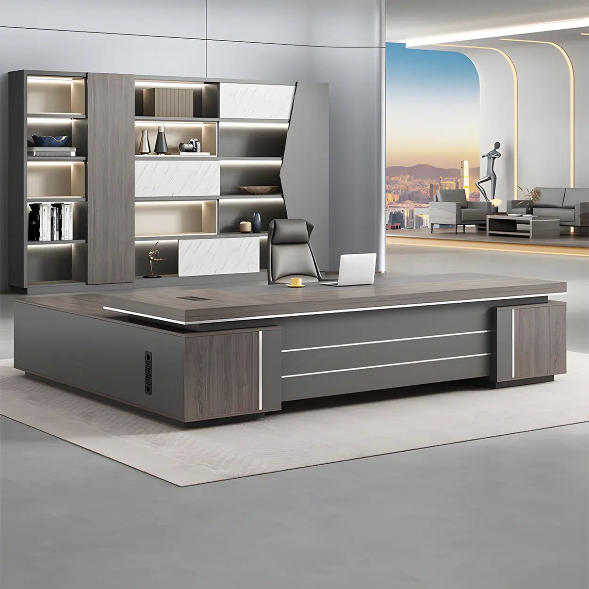 Brown Wooden Long Executive Desk with Exterior Shelf Image - 1
