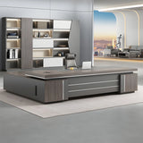 Brown Wooden Long Executive Desk with Exterior Shelf Image - 1