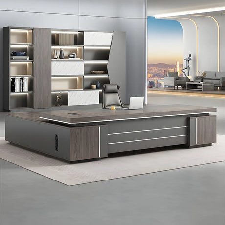 Brown Wooden Long Executive Desk with Exterior Shelf Image - 1