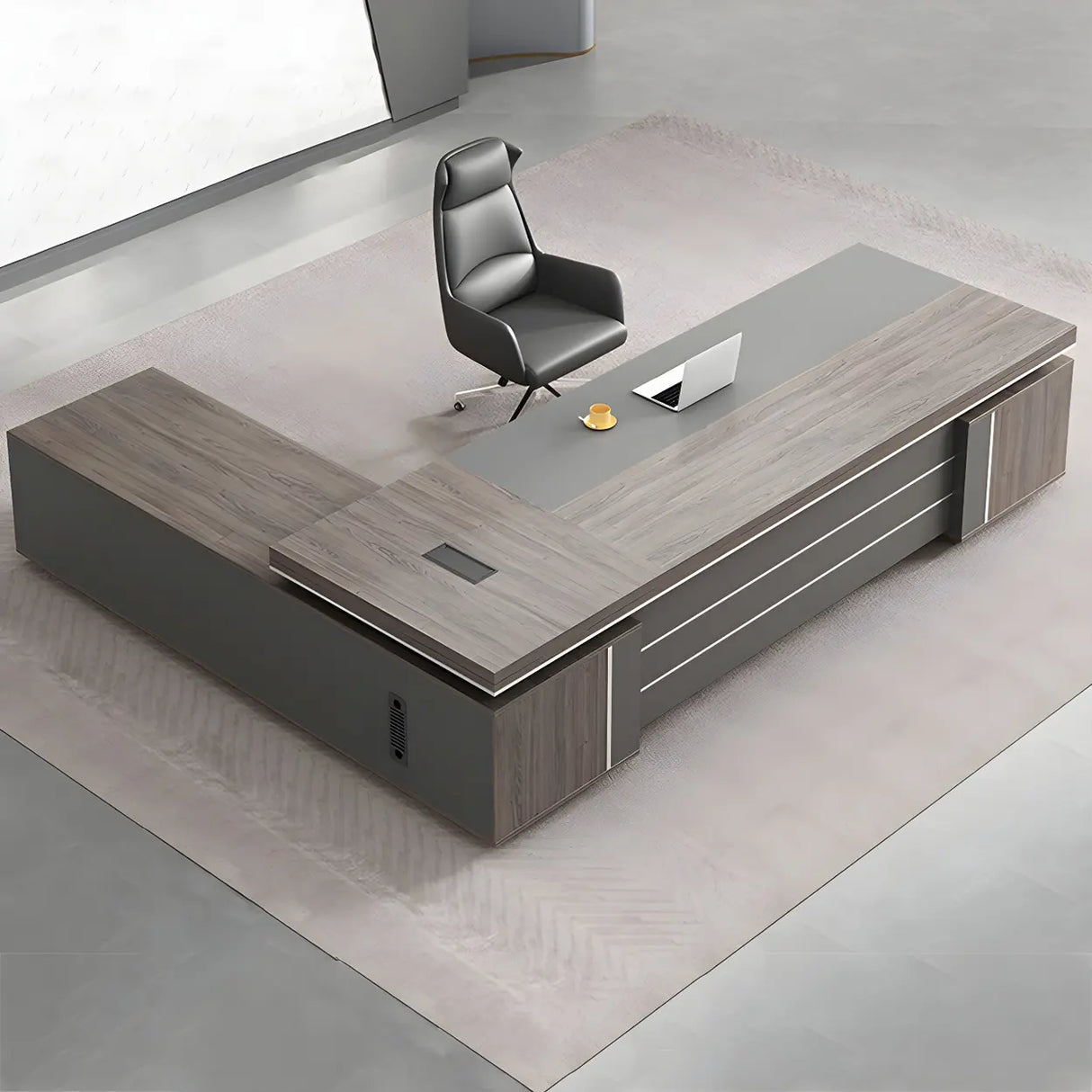 Brown Wooden Long Executive Desk with Exterior Shelf Image - 11