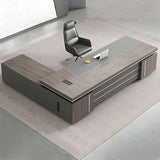 Brown Wooden Long Executive Desk with Exterior Shelf Image - 11