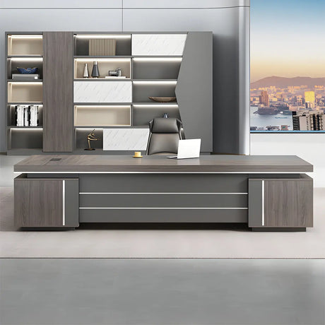 Brown Wooden Long Executive Desk with Exterior Shelf Image - 2