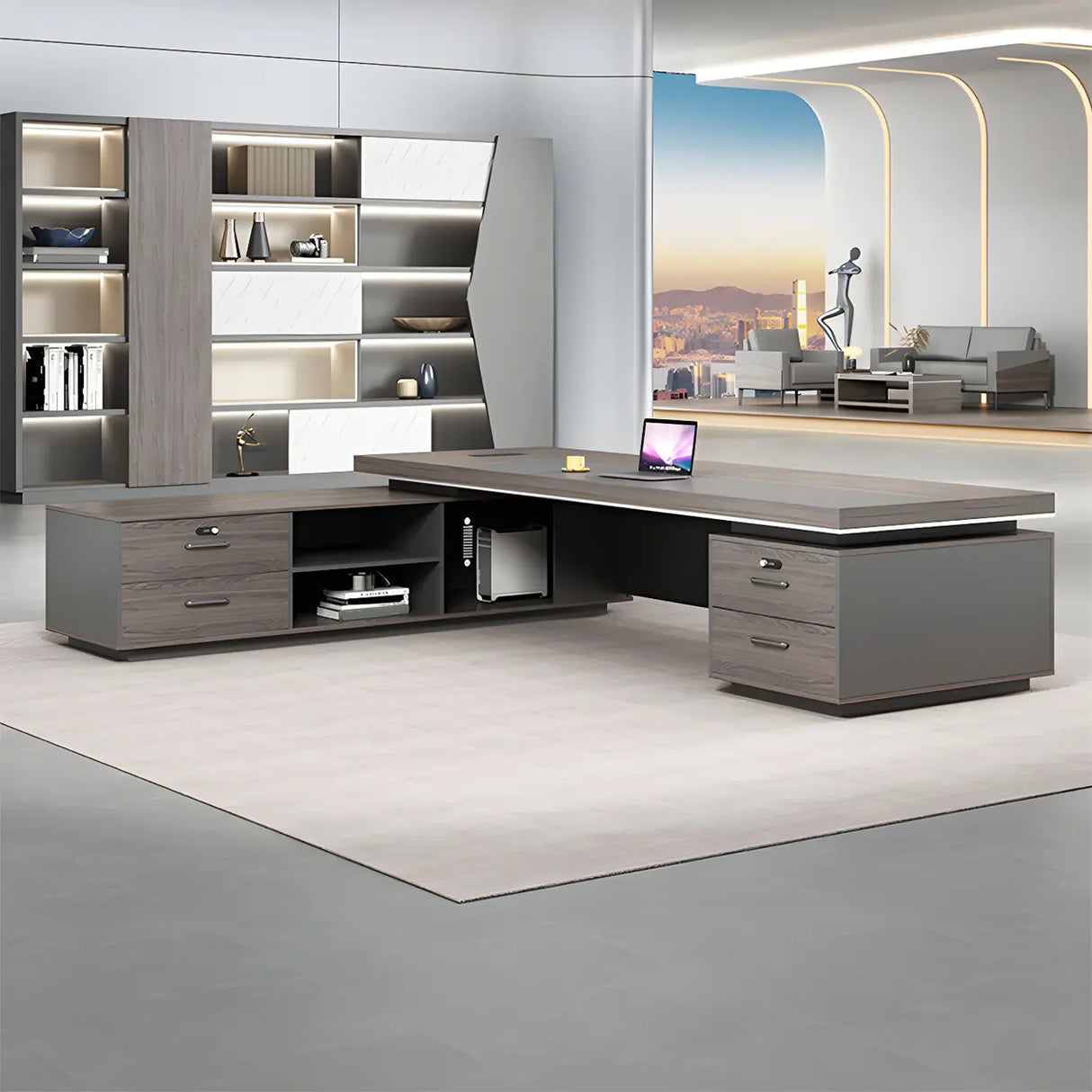 Brown Wooden Long Executive Desk with Exterior Shelf Image - 3