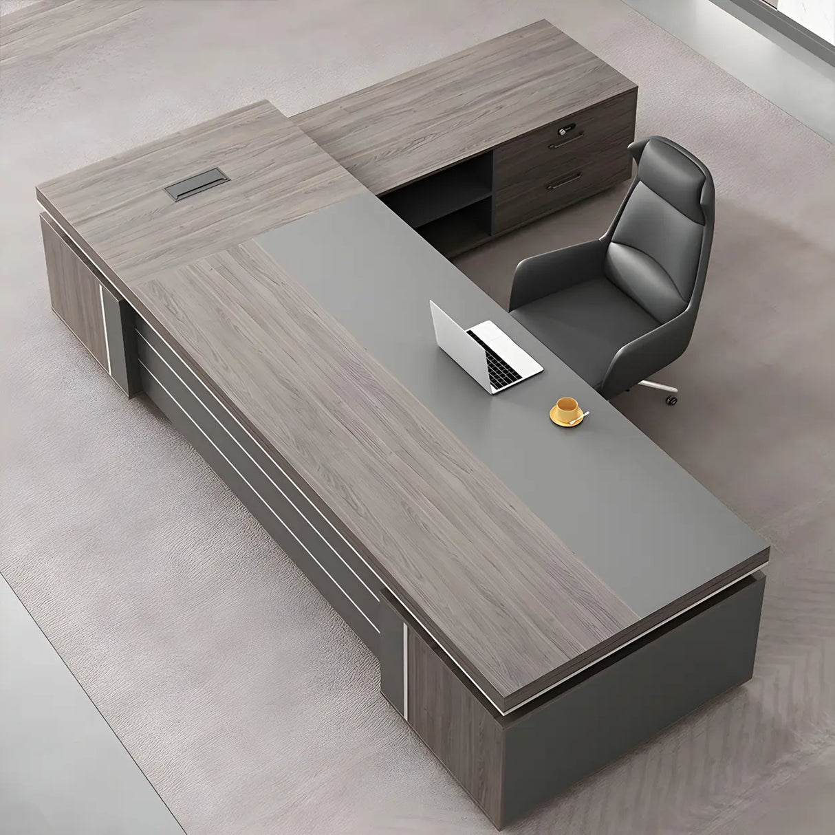 Brown Wooden Long Executive Desk with Exterior Shelf Image - 4