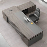 Brown Wooden Long Executive Desk with Exterior Shelf Image - 4