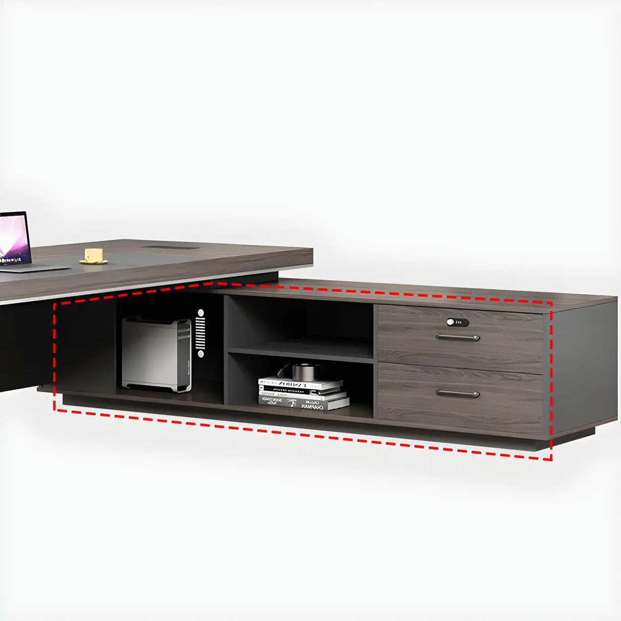 Brown Wooden Long Executive Desk with Exterior Shelf Image - 9