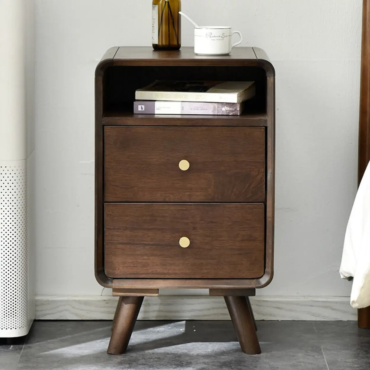 Brown Wooden Open Storage Nightstand with Drawers Image - 4