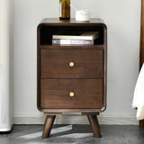 Brown Wooden Open Storage Nightstand with Drawers Image - 4