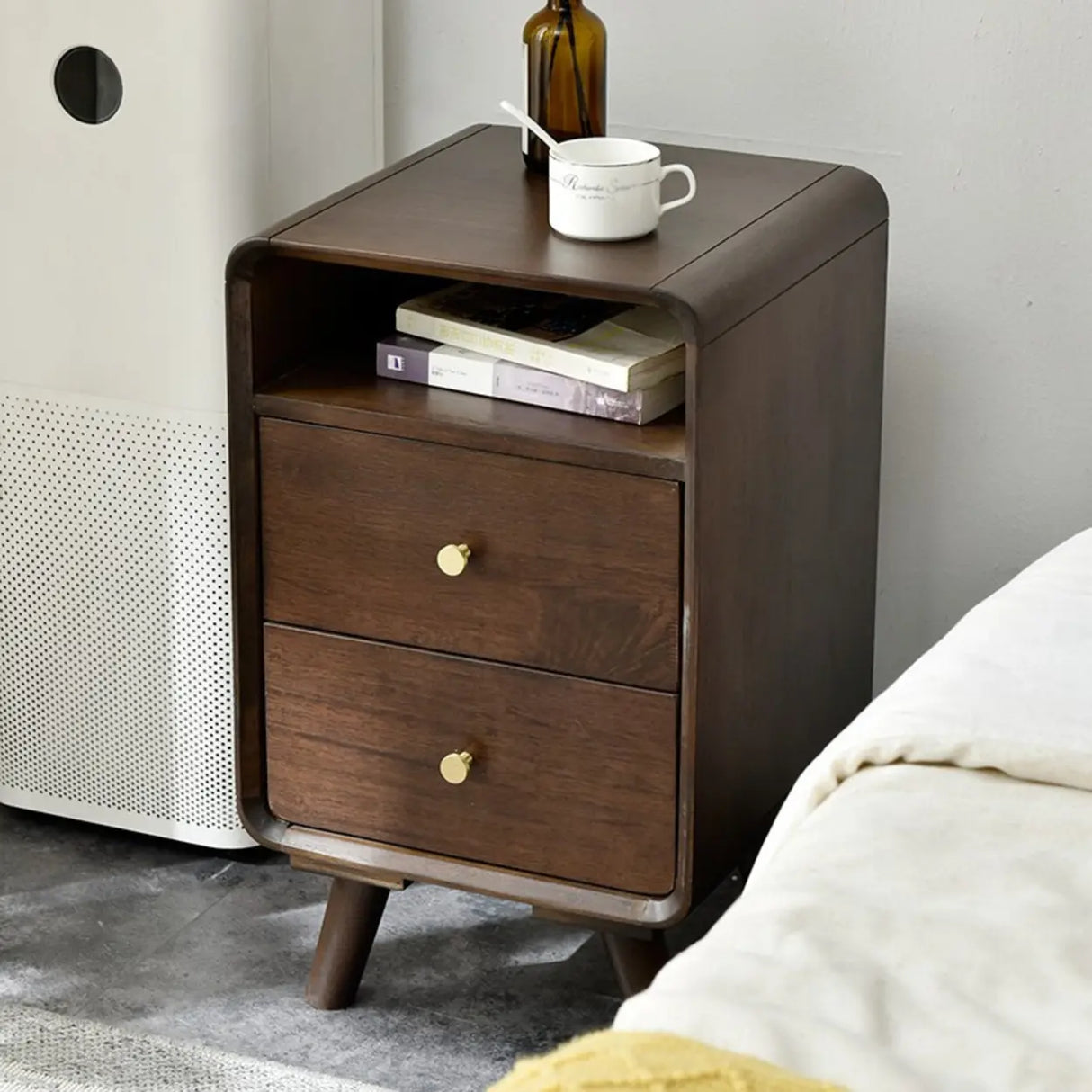 Brown Wooden Open Storage Nightstand with Drawers Image - 6