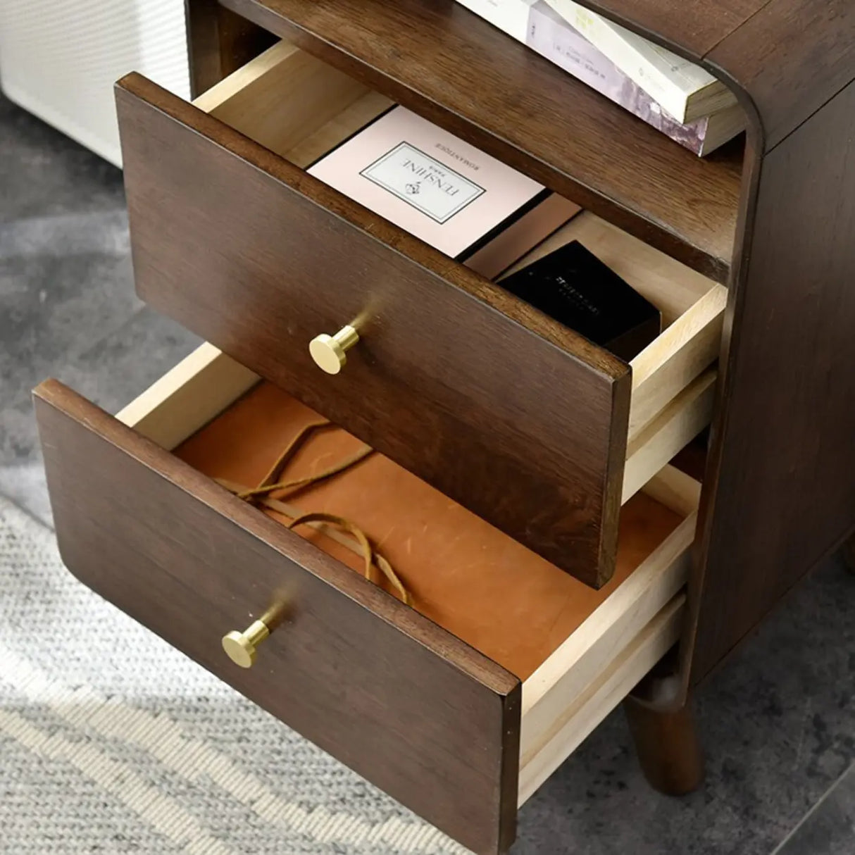 Brown Wooden Open Storage Nightstand with Drawers Image - 8