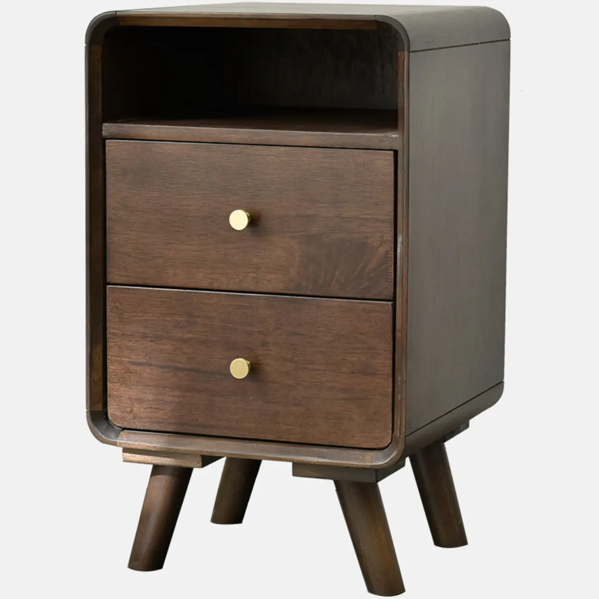 Brown Wooden Open Storage Nightstand with Drawers Image - 10