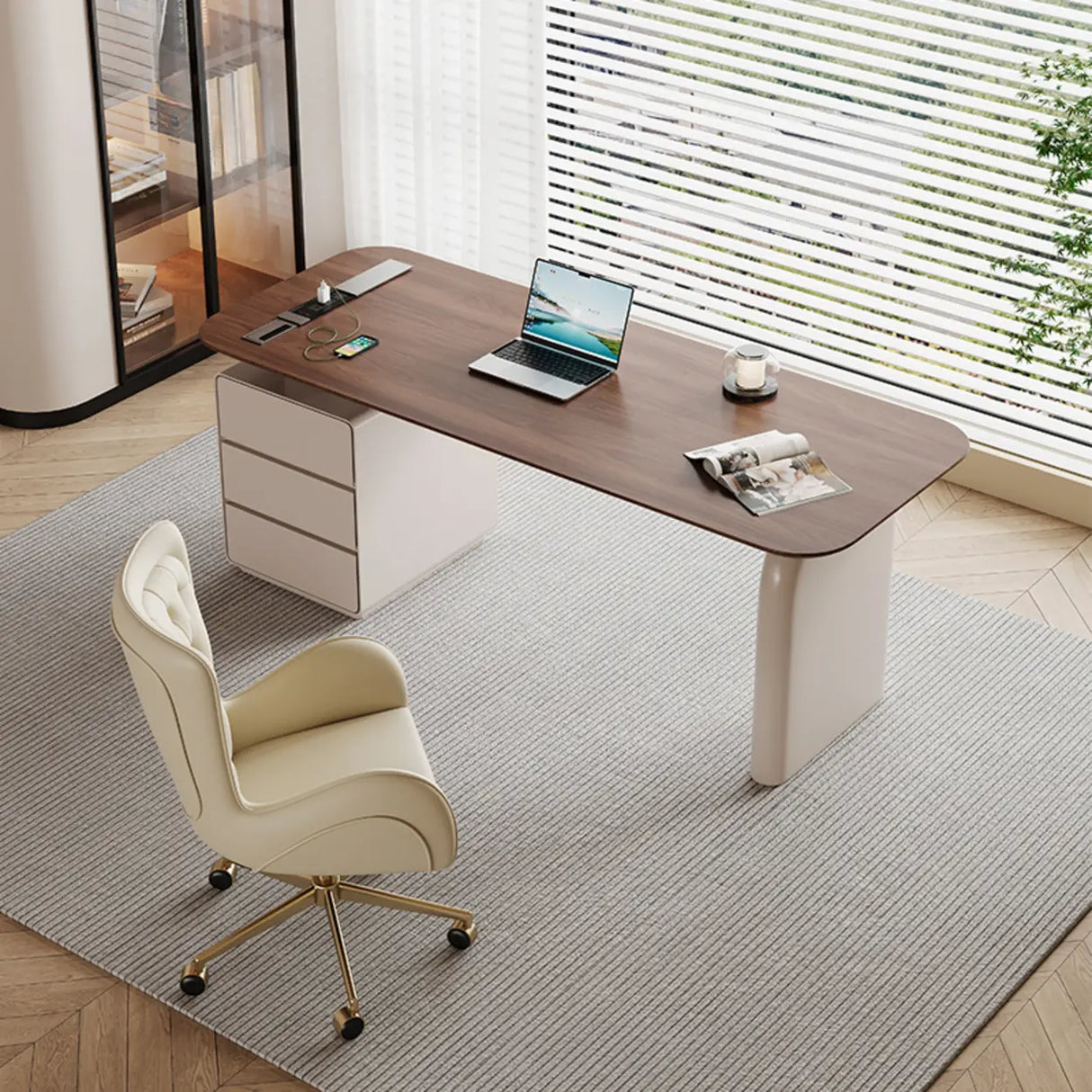 Brown Wooden Rectangle Executive Desk with Drawers Image - 1
