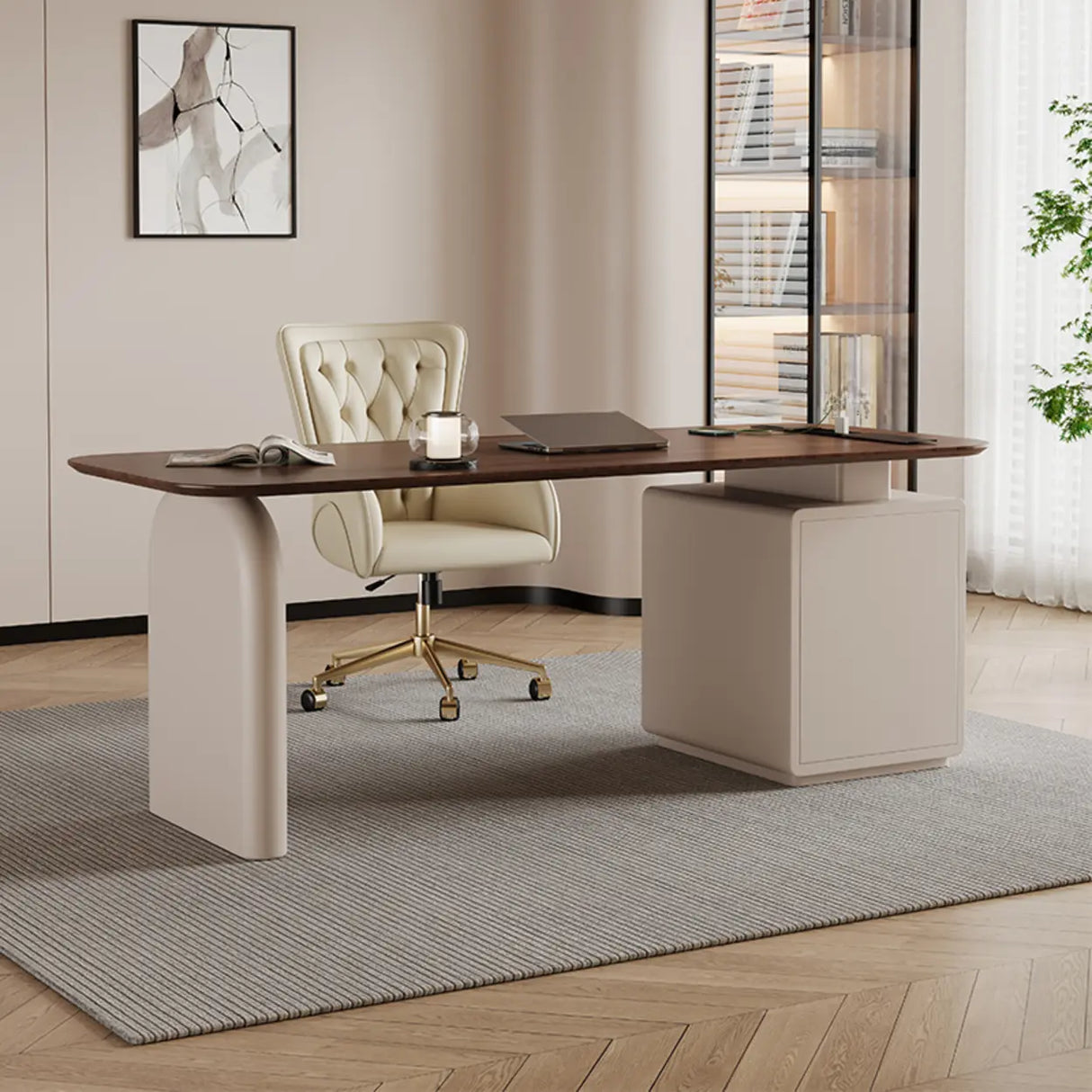 Brown Wooden Rectangle Executive Desk with Drawers Image - 3