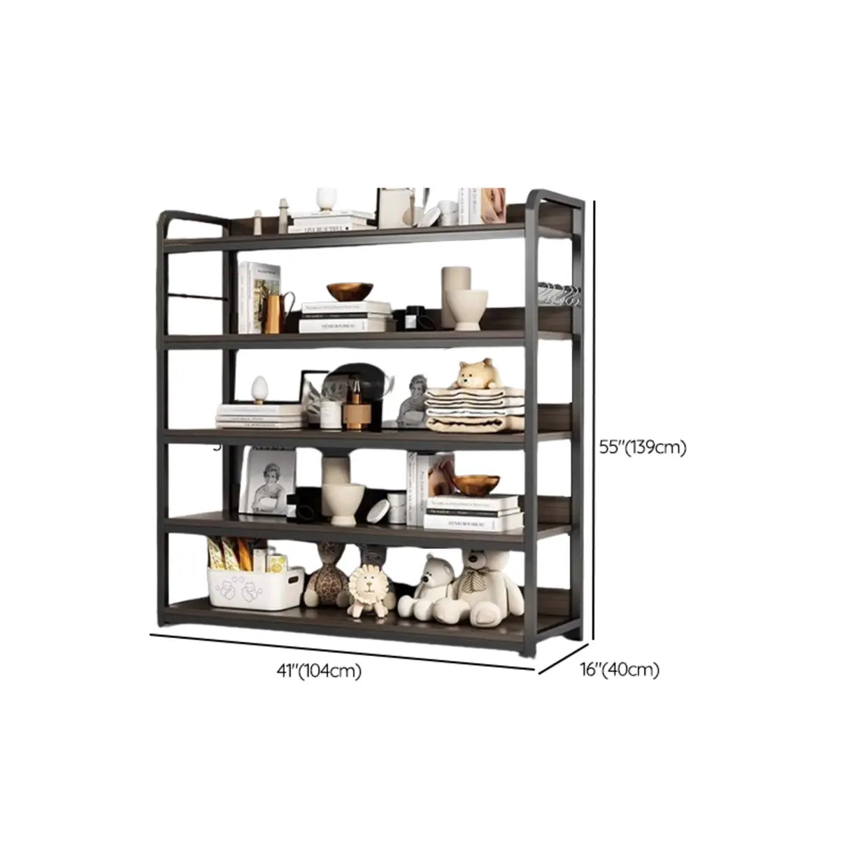 Brown Wooden Rectangle Open Metal Frame Wide Bookcase Image - 41