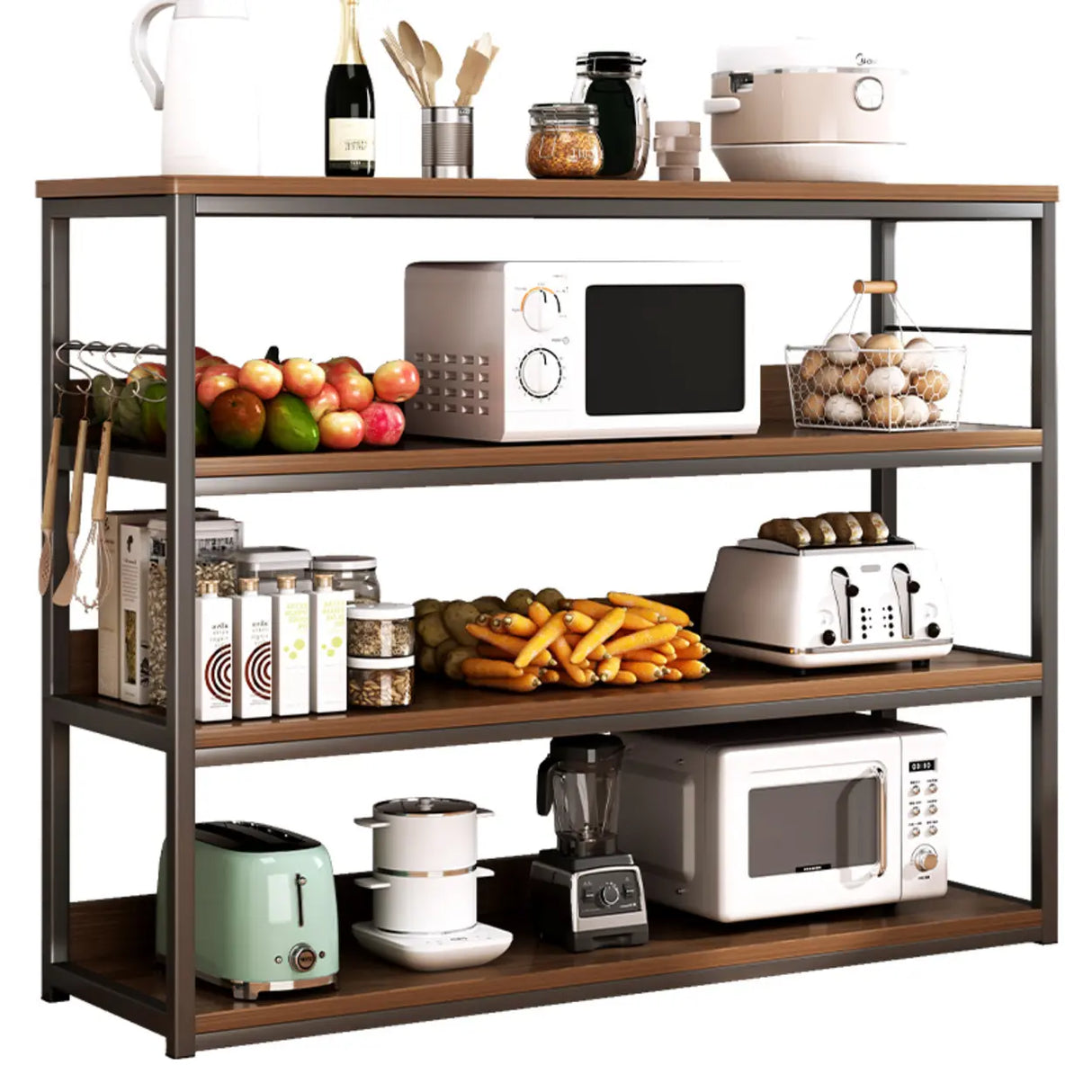 Brown Wooden Rectangle Open Metal Frame Wide Bookcase Image - 5