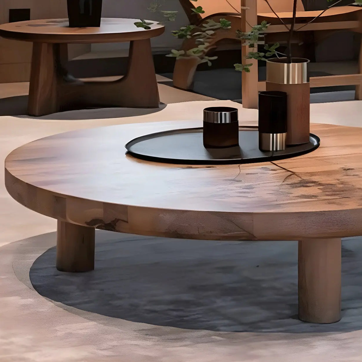 Brown Wooden Round Coffee Table with Three Legs Image - 6