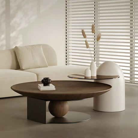 Brown Wooden Tray Top Steel Base Round Coffee Table Image - 1
