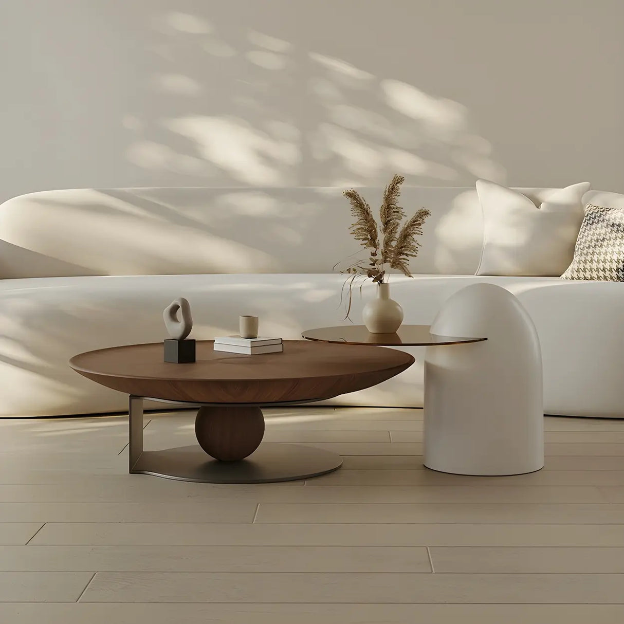 Brown Wooden Tray Top Steel Base Round Coffee Table Image - 7