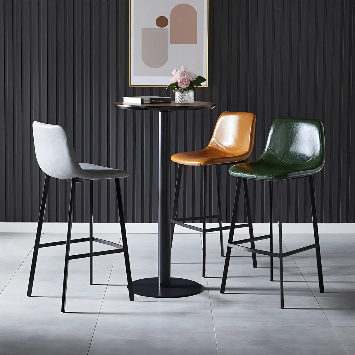 Bucket Leather Seat Low Back Iron Four Legs Bar Stool Image - 19