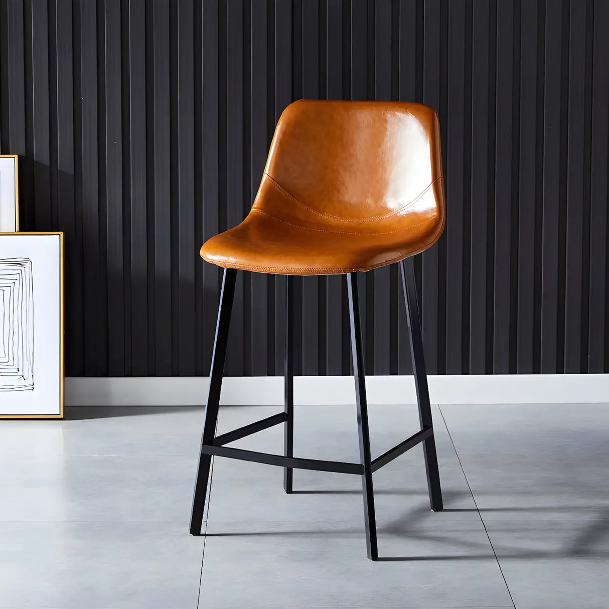 Bucket Leather Seat Low Back Iron Four Legs Bar Stool Image - 32