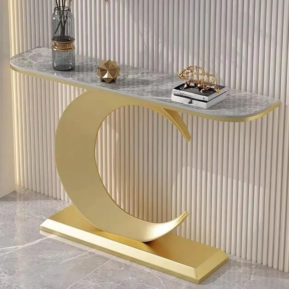 C-Shaped Base Decorative Marble Gold Console Table Image - 1