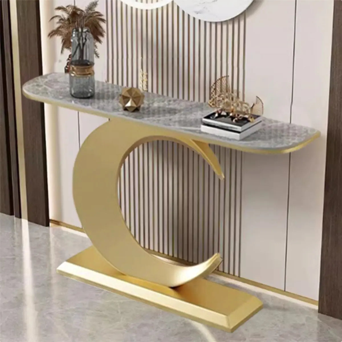 C-Shaped Base Decorative Marble Gold Console Table Image - 3