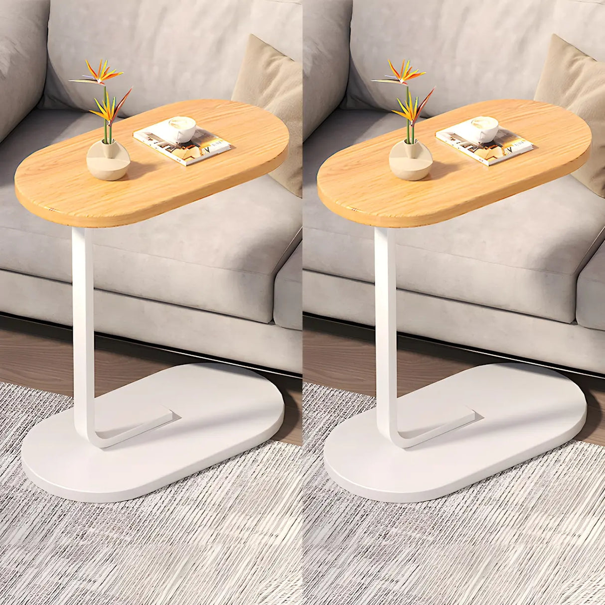 C-Shaped Pedestal Oval Wood and Iron Black Side Table Image - 14