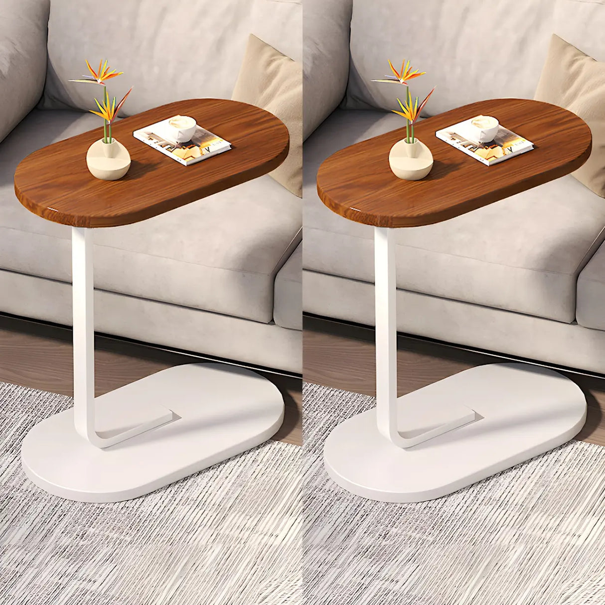 C-Shaped Pedestal Oval Wood and Iron Black Side Table Image - 16