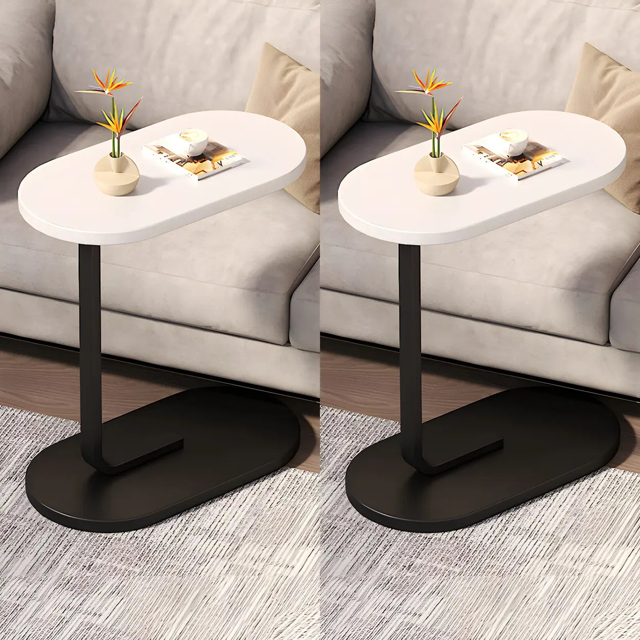 C-Shaped Pedestal Oval Wood and Iron Black Side Table Image - 17