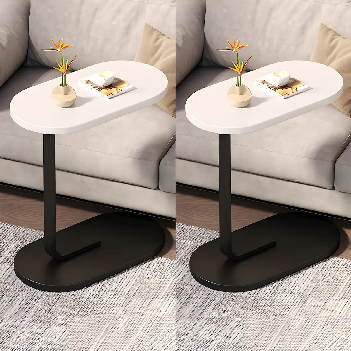 C-Shaped Pedestal Oval Wood and Iron Black Side Table Image - 17
