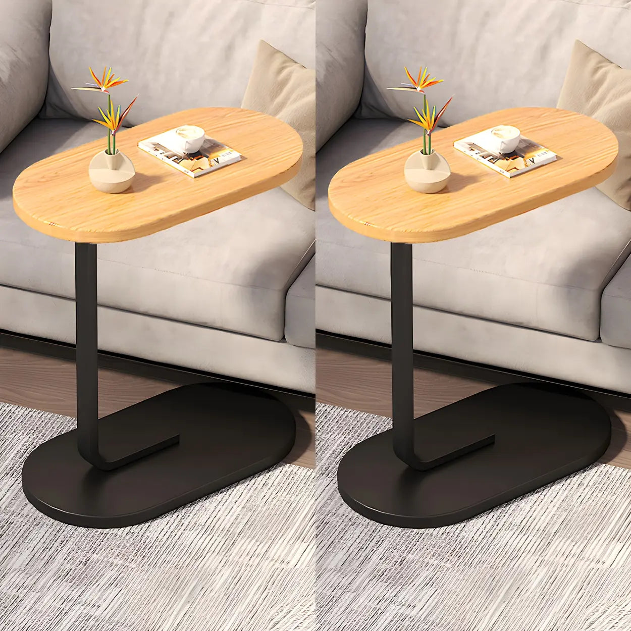 C-Shaped Pedestal Oval Wood and Iron Black Side Table Image - 18