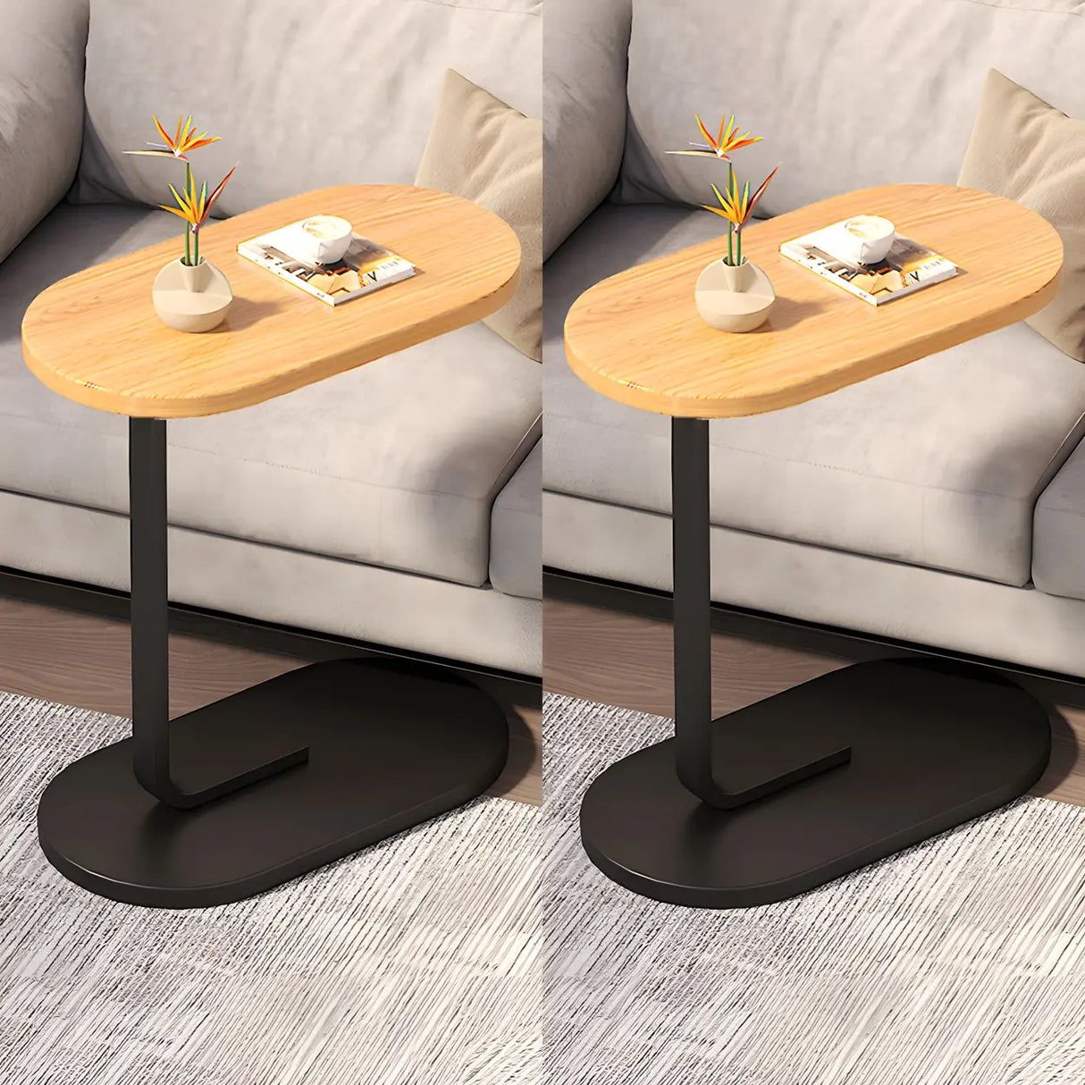 C-Shaped Pedestal Oval Wood and Iron Black Side Table Image - 18