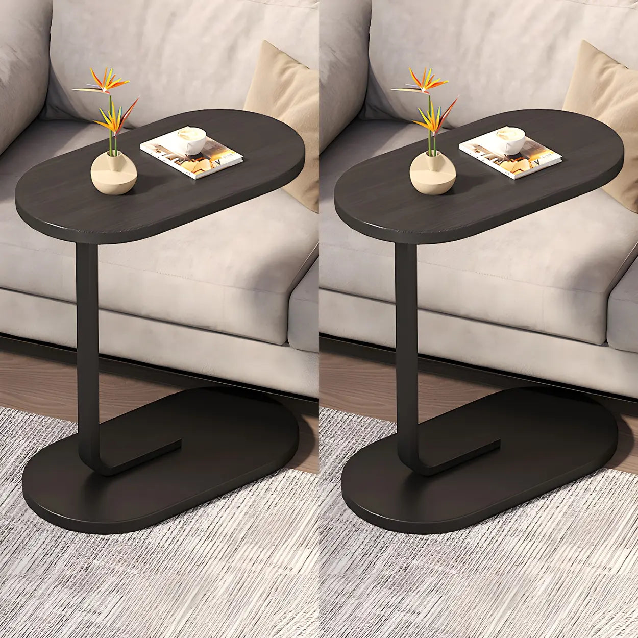C-Shaped Pedestal Oval Wood and Iron Black Side Table Image - 19