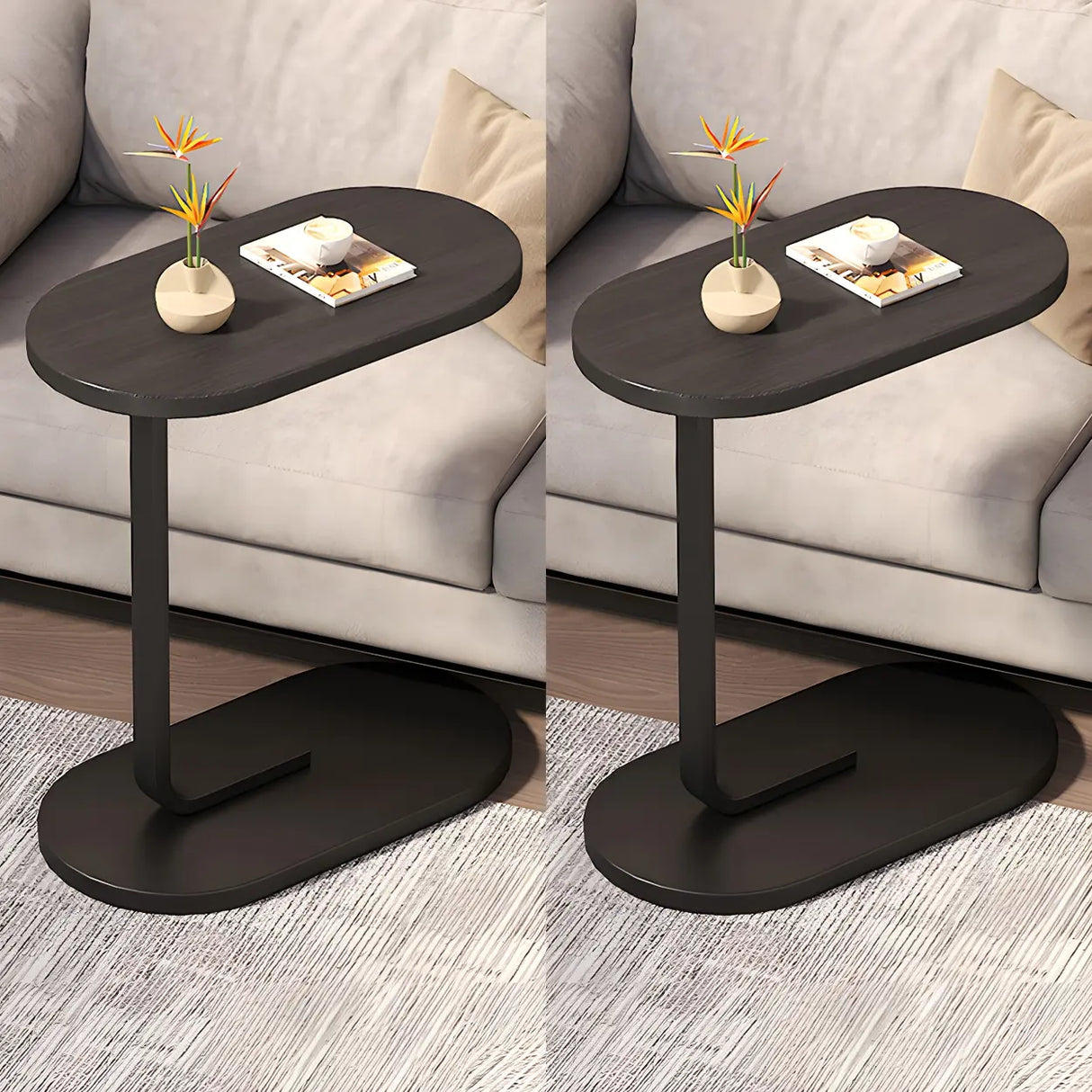 C-Shaped Pedestal Oval Wood and Iron Black Side Table Image - 19