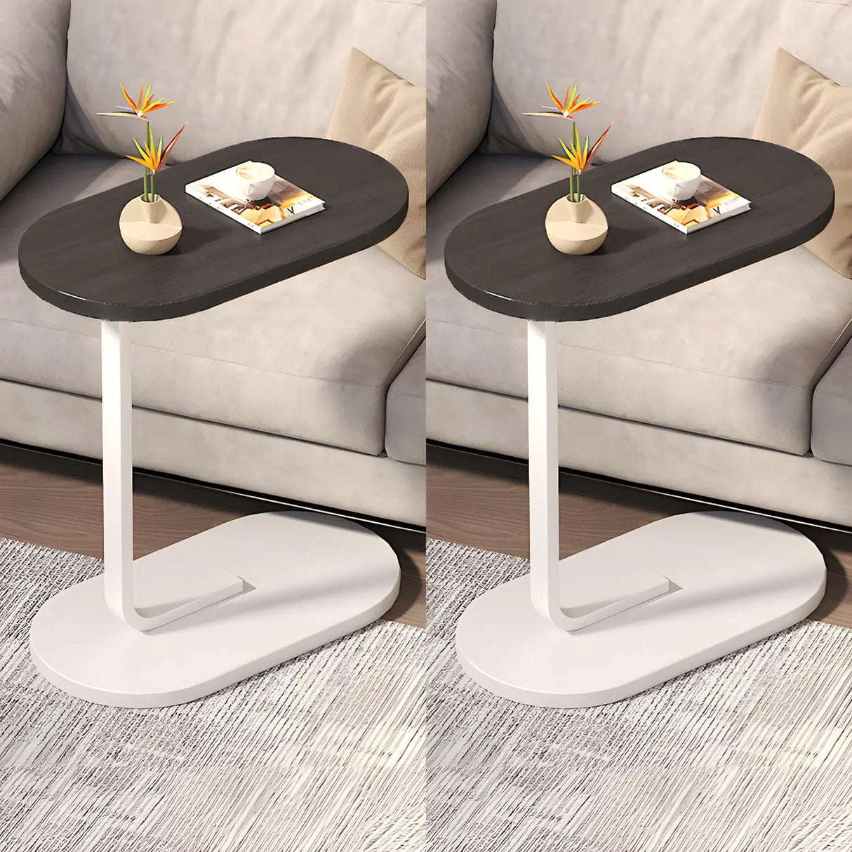 C-Shaped Pedestal Oval Wood and Iron Black Side Table Image - 21