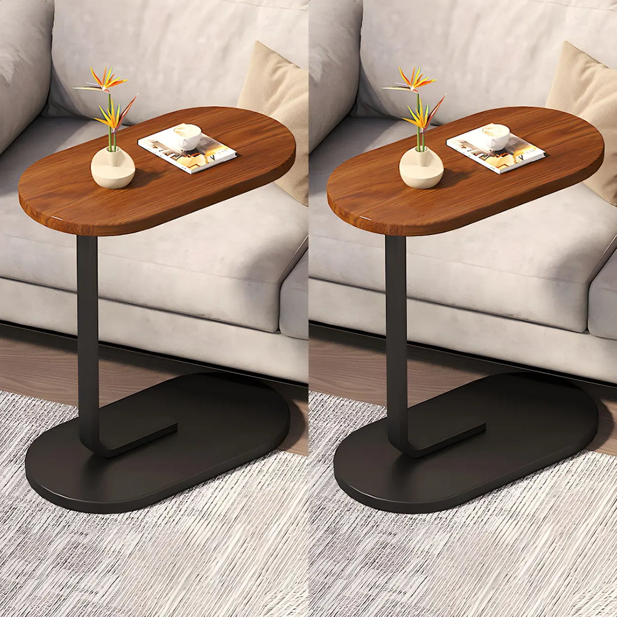 C-Shaped Pedestal Oval Wood and Iron Black Side Table Image - 22