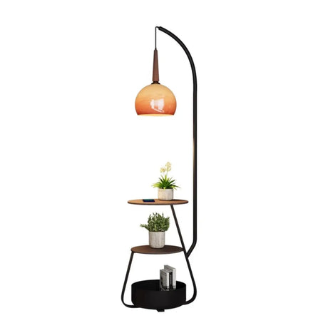 Modern Arc Alloy Floor Lamp with Glass Shade and Shelves Walnut 20 Inch+ Living Room Lighting 1 Bulb Image - 2