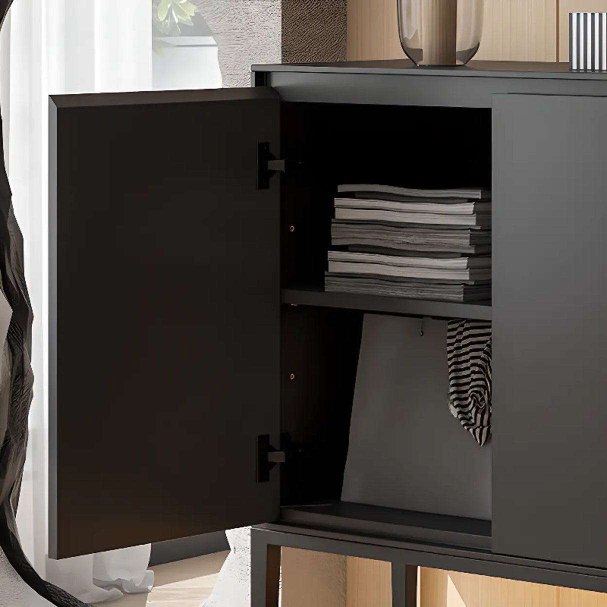 Carbon Steel Rectangular Wood Black Storage Console Table Image - 12
