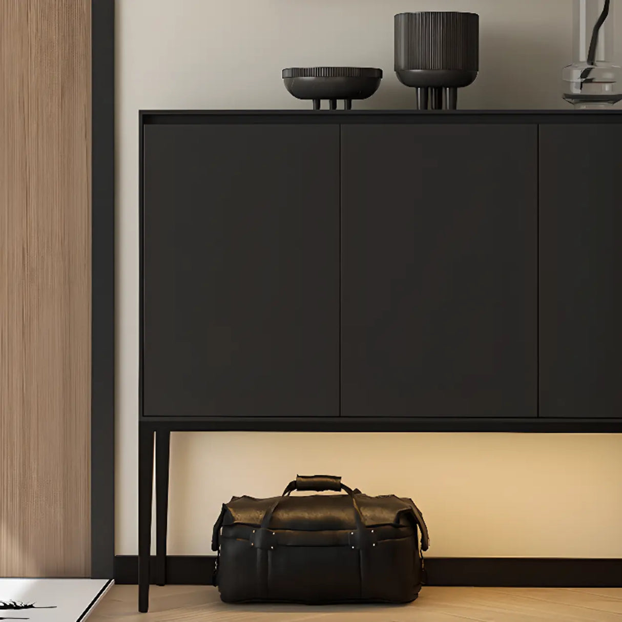 Carbon Steel Rectangular Wood Black Storage Console Table Image - 4