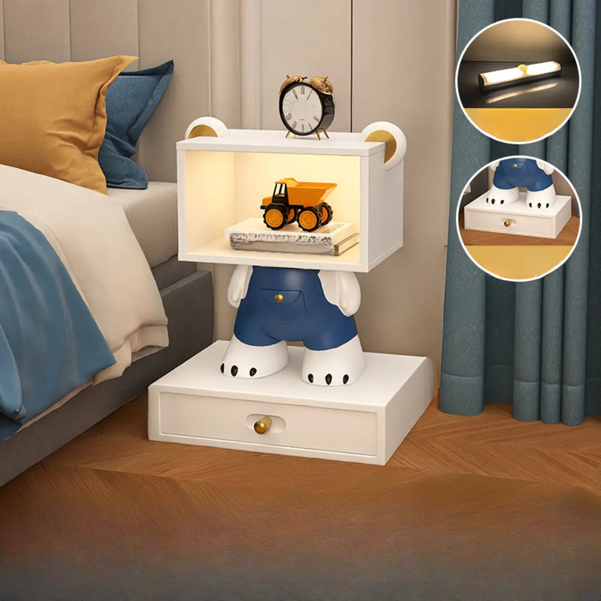 Cartoon White Resin Wood Open Storage Kids Nightstand Image - 19