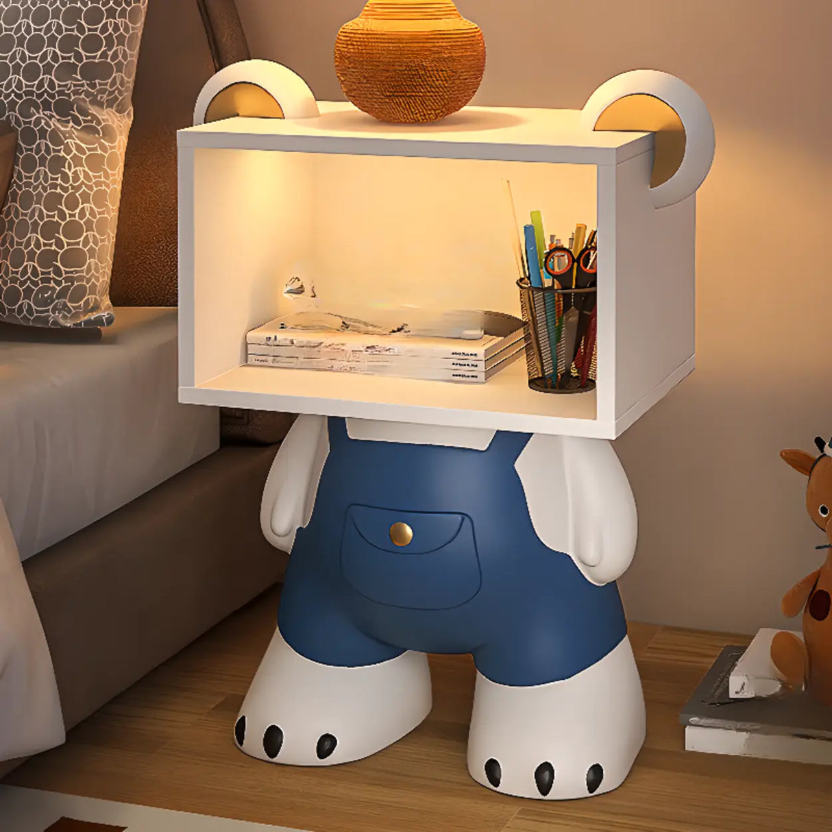 Cartoon White Resin Wood Open Storage Kids Nightstand Image - 5