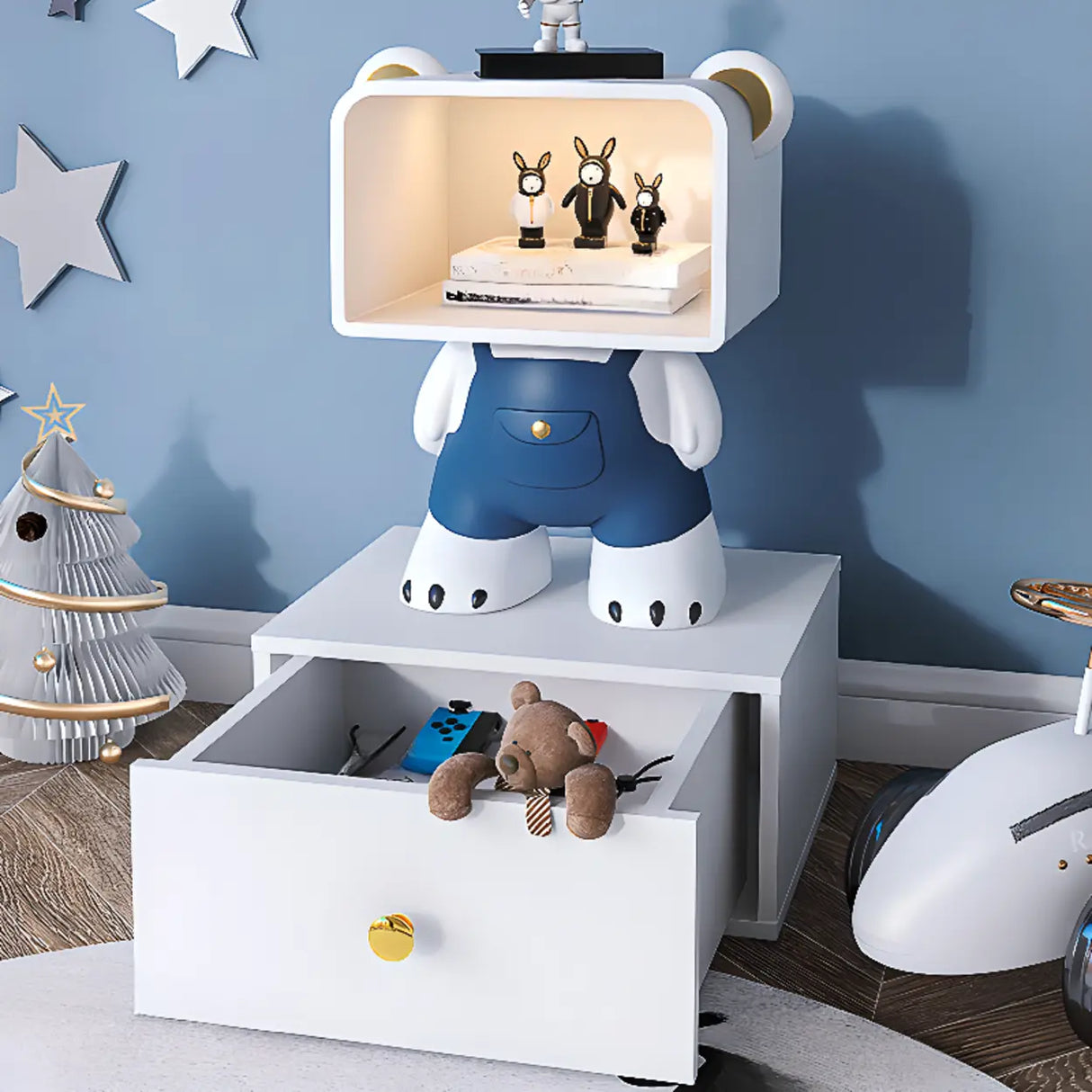 Cartoon White Resin Wood Open Storage Kids Nightstand Image - 7