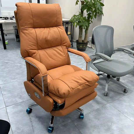Casters Orange Reclining Leather Swivel Office Chair Image - 4