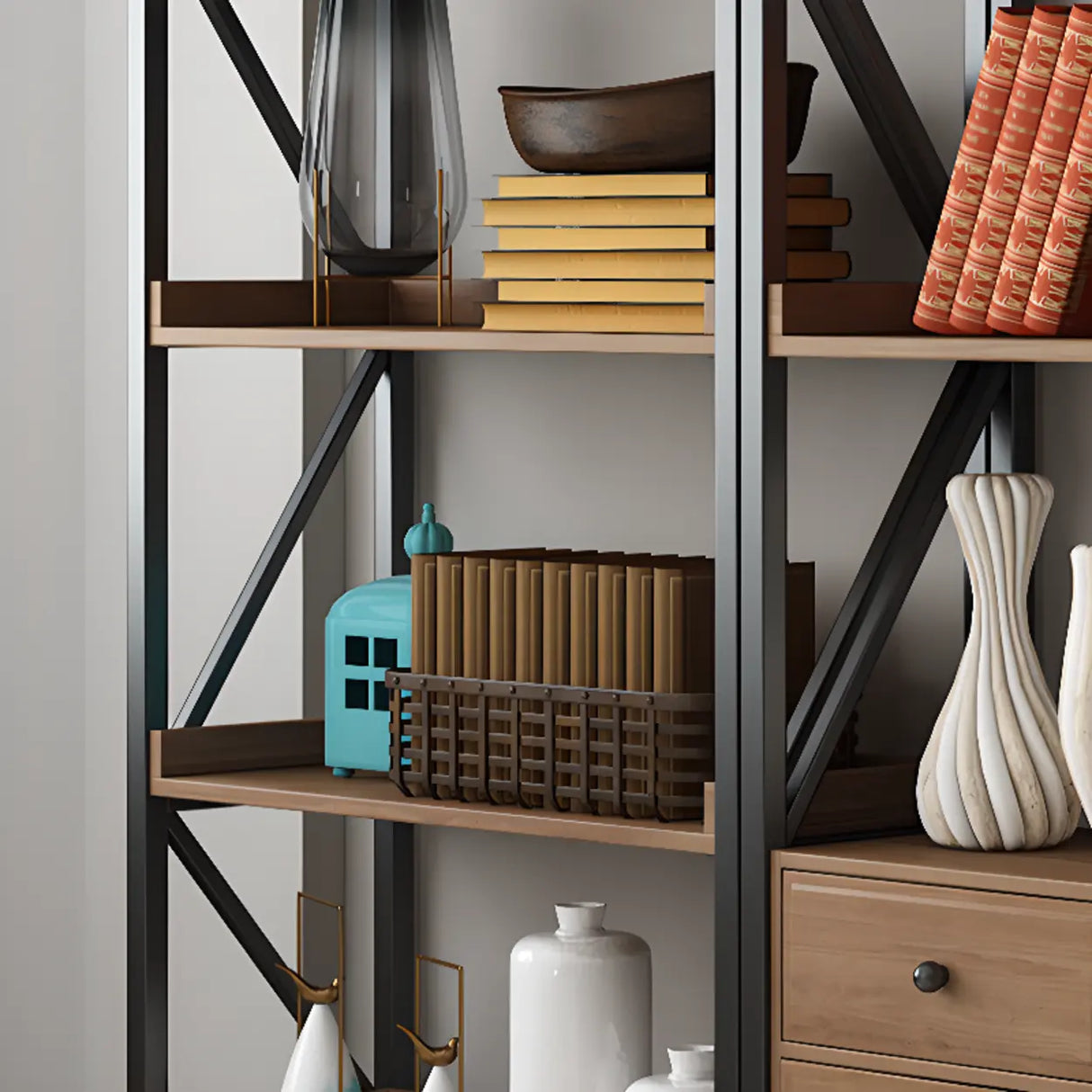 Casual Auburn Metal Frame Wooden Display Bookshelf Image - 11